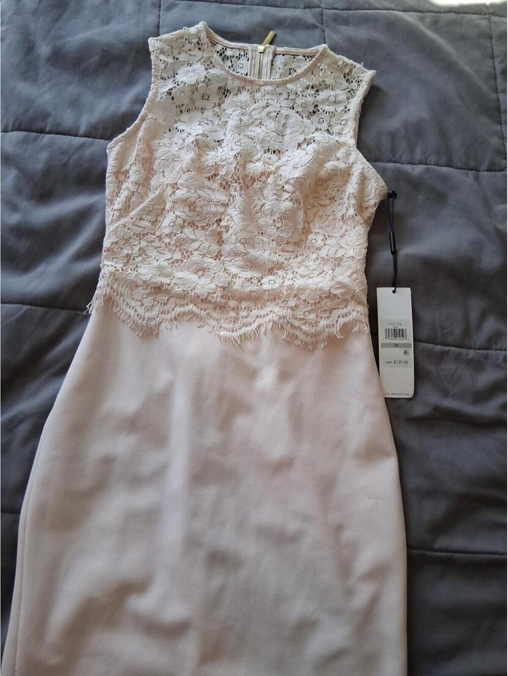 Calvin Klein Dress Women's White Lace Ivory Lining Back Zip Wedding NWT Sz 0P W1